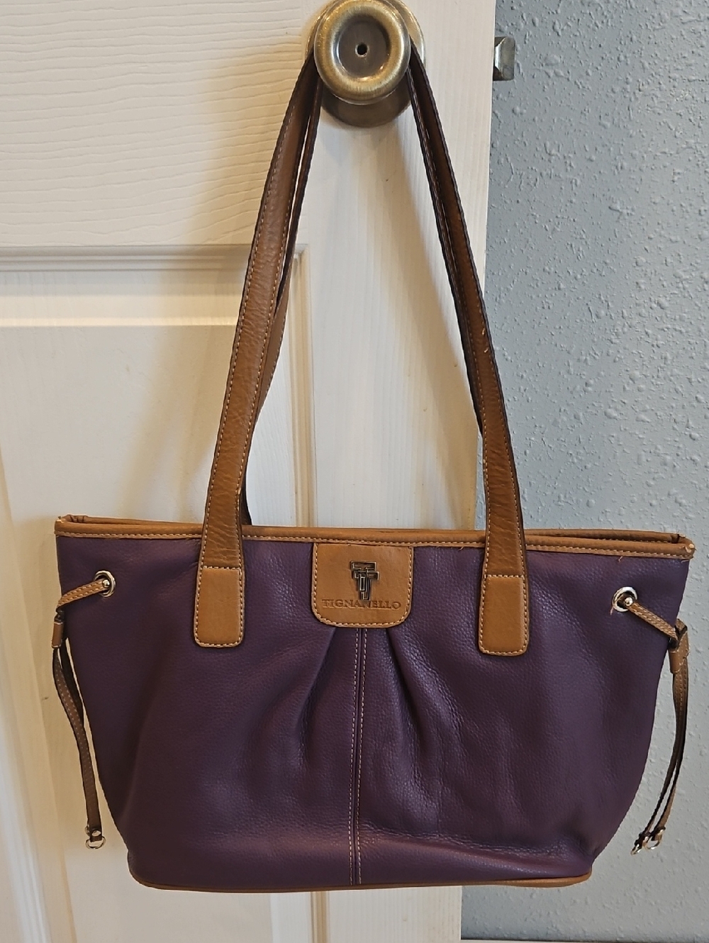 Tignanello Purple Leather Shoulder Tote with Brown Trim